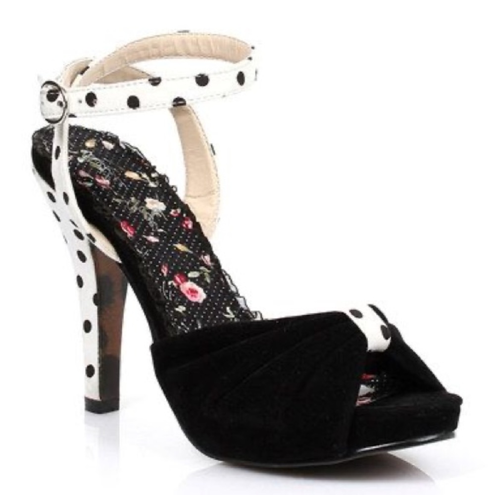 BETTIE PAGE SHOES 50s Eleanor Polkadot Peep-toe suede heels Sandals in Black